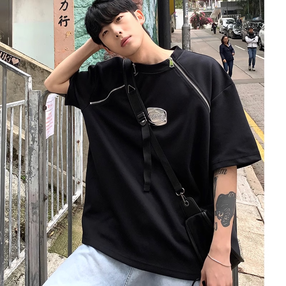 Áo Thun Tay Ngắn Cổ Tròn Dáng Rộng Phối Khóa Kéo Thời Trang Mùa Hè Cho Nam