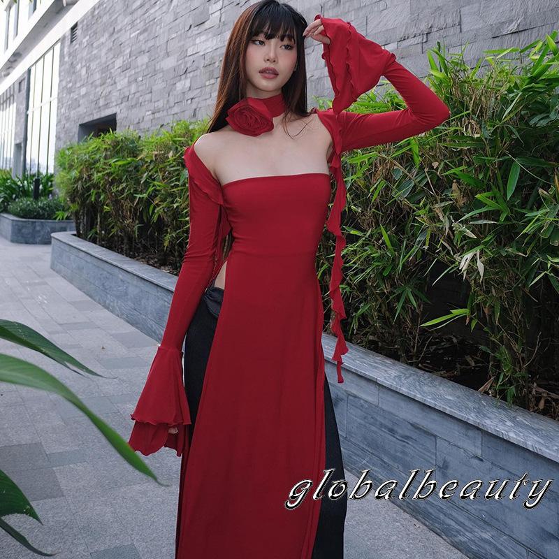 Gb-đầm Dài Mùa Hè Không Dây Xẻ Tà Bên Hông Với Vòng Cổ Bolero Shrug &amp; Hoa Hồng Cho Nữ