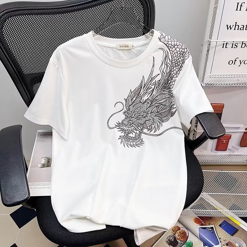 Áo thun HANLU cotton tay lỡ in họa tiết rồng thoải mái thoáng khí cho nam