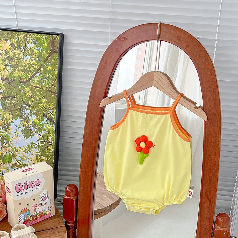 Bộ Áo Liền Quần Hai Dây Màu Trơn Họa Tiết Hoa Mùa Hè Cho Bé Gái Sơ Sinh