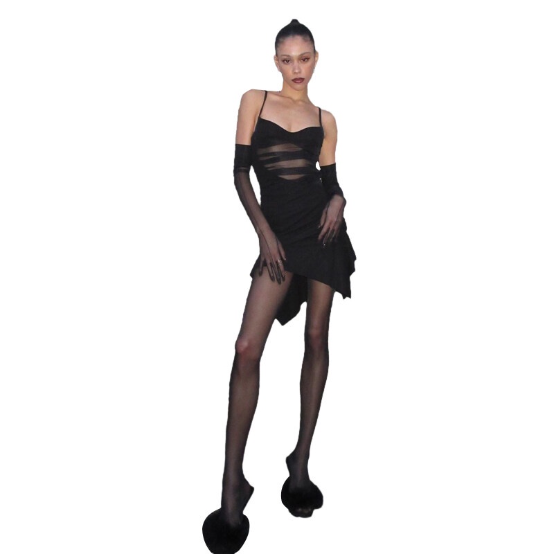 Kliou Đầm Mini Không Tay Cổ Chữ V Phối Lưới Thiết Kế Không Đồng Đều Thời Trang Mới 2023