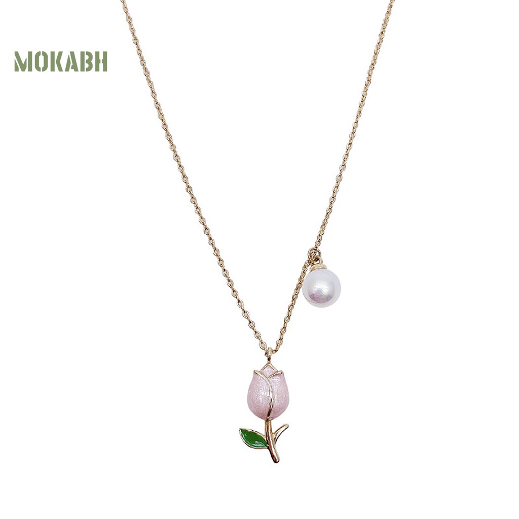 Vòng cổ Mặt Hình Hoa Tulip Đính Ngọc Trai Nhân Tạo Phong Cách Vintage Thanh Lịch