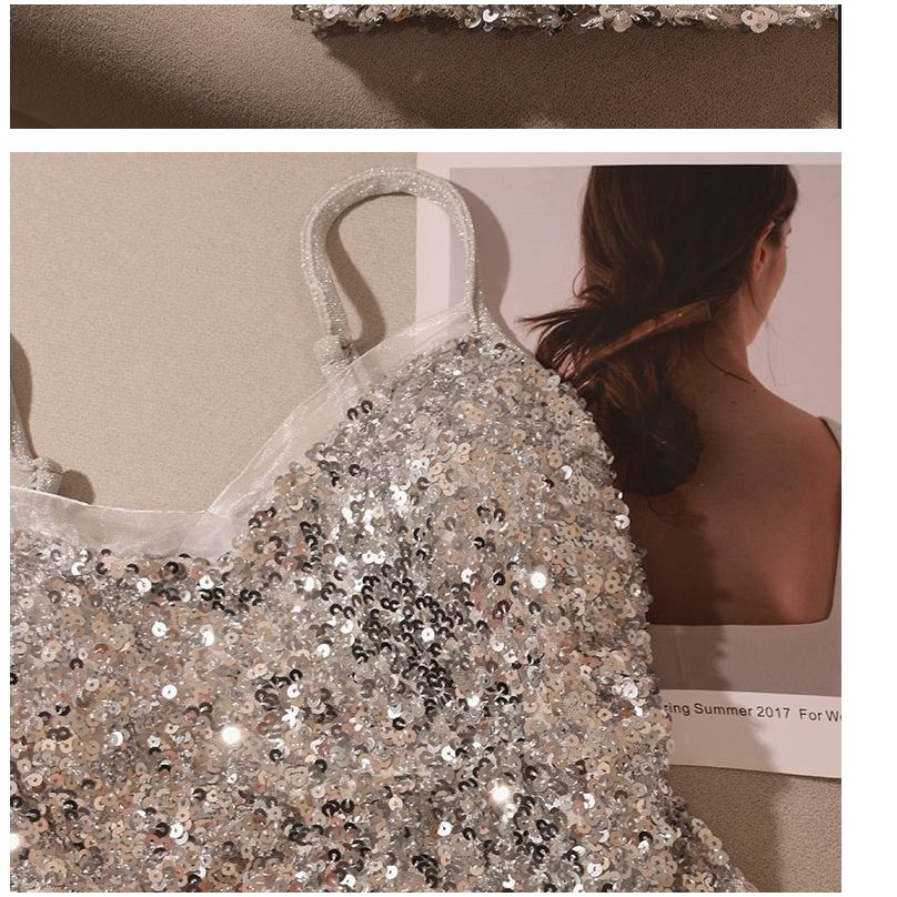 Áo Hai Dây Cổ Chữ V Màu Đen Đính Kim Sa Lấp Lánh Thời Trang Mùa Hè Cho Nữ