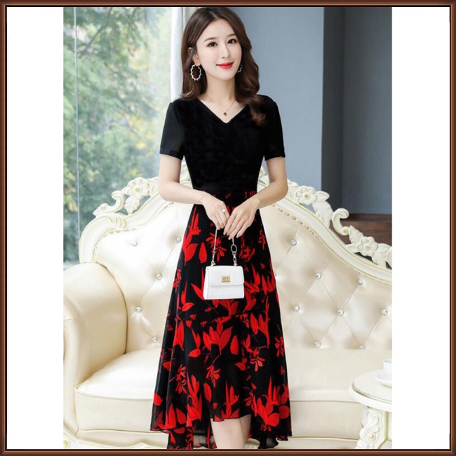 Đầm Midi Tay Ngắn Cổ Chữ V In Họa Tiết Hoa Thời Trang Mùa Hè Xinh Xắn Cho Nữ