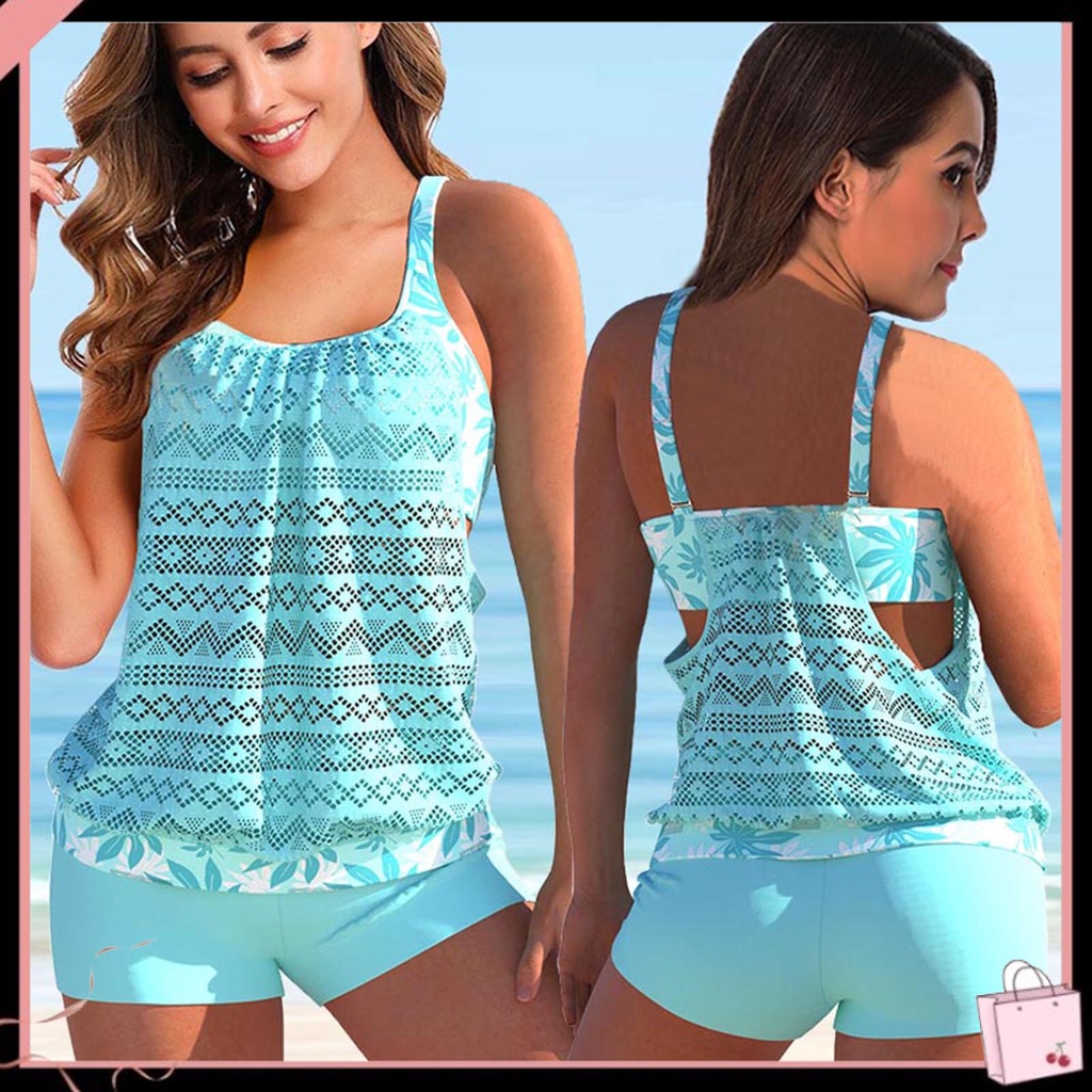{Soltweter} Bộ Đồ Bơi 2 Mảnh Áo + Quần Short Đi Biển Dáng Rộng Họa Tiết Hình Học Khoét Rỗng Thoáng Khí Có Dây Điều Chỉnh Được Kích Thước Cho Nữ