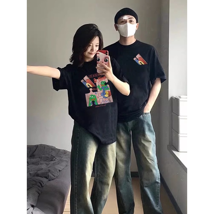 NRVP Áo Thun 100% Cotton Tay Ngắn Dáng Suông In Họa Tiết Hoạt Hình Phong Cách Hàn Quốc Thời Trang Cho Cặp Đôi