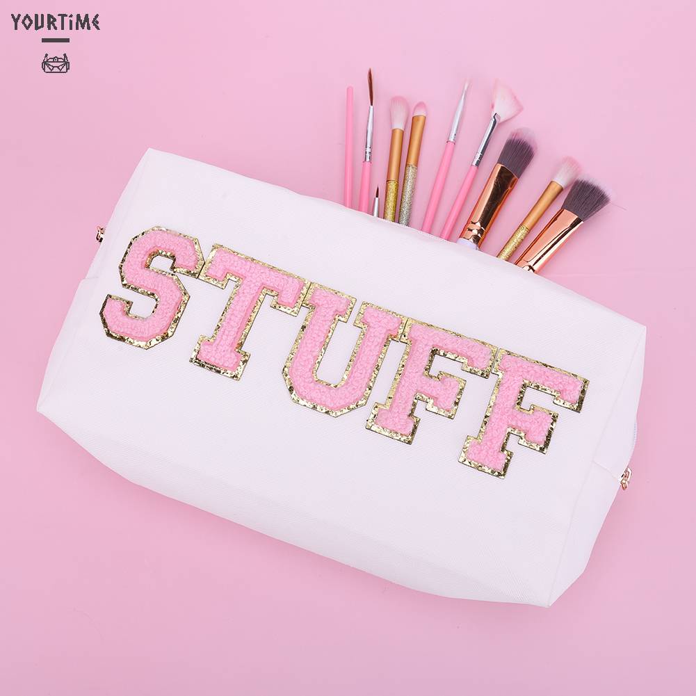 Túi Đựng Mỹ Phẩm Da PU Đa Năng Có Khóa Kéo In Chữ Thời Trang Cho Nữ