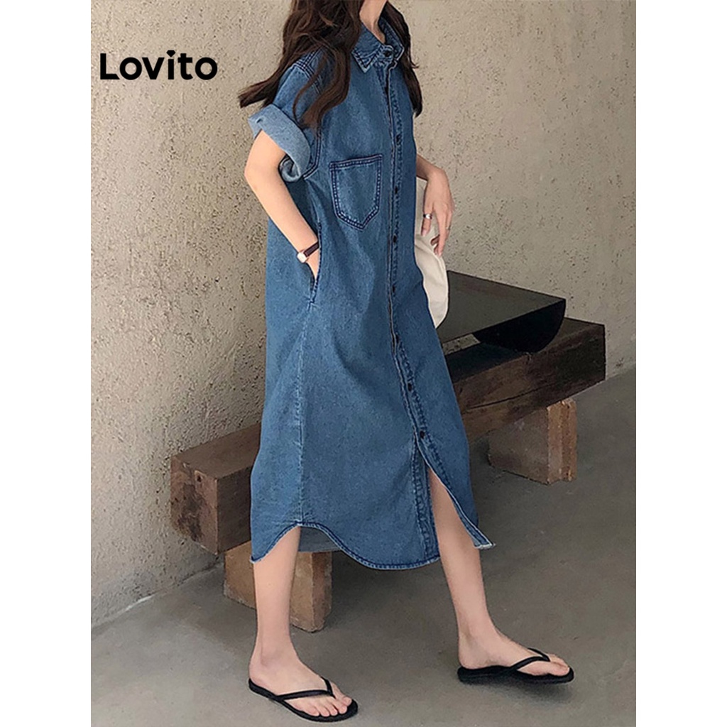 Lovito Đầm denim thô có túi màu trơn giản dị dành cho nữ LNA09005 (Màu xanh da trời)