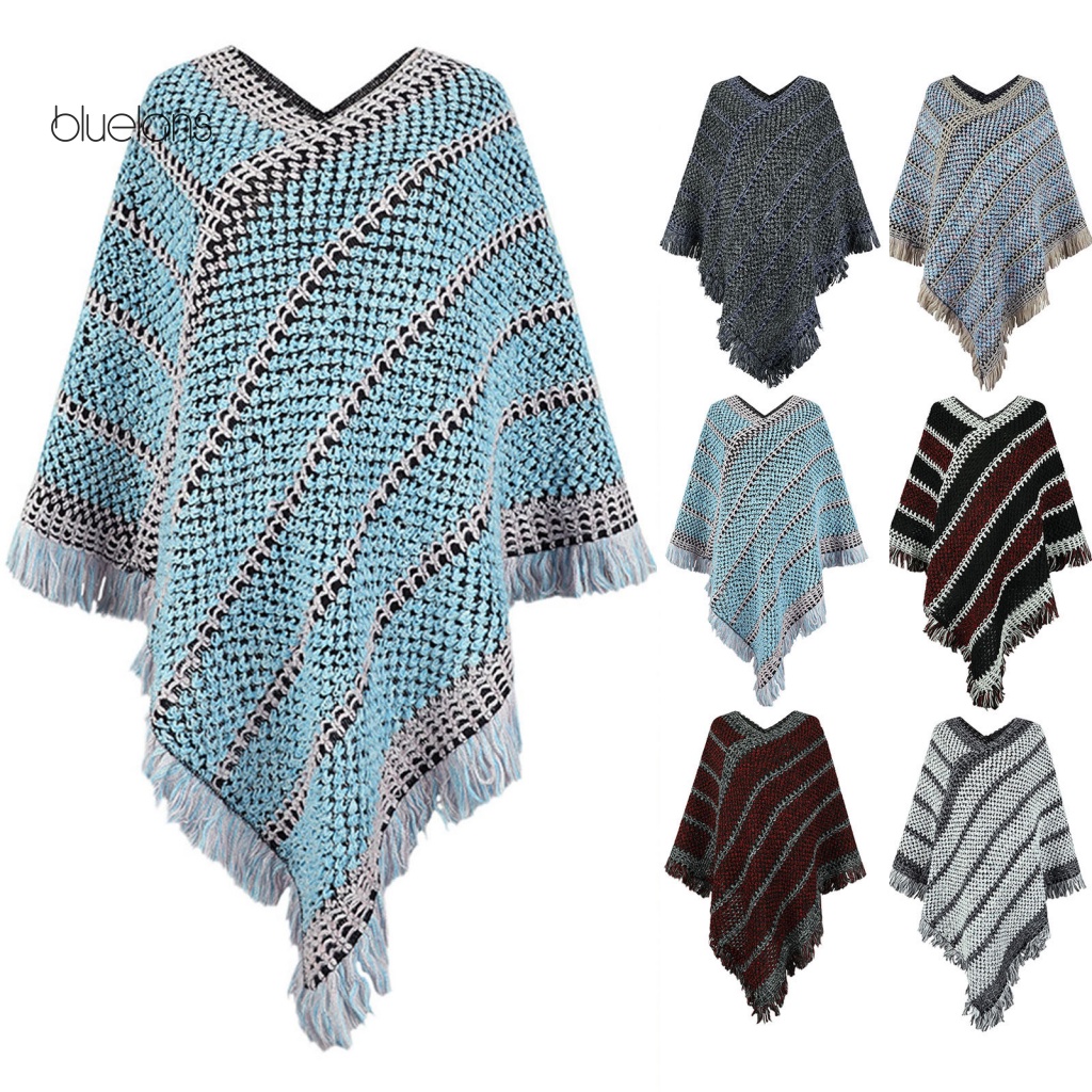 Áo Choàng Dệt Kim Dày Chui Đầu Cổ Chữ V Phối Tua Rua Họa Tiết Kẻ Sọc Phong Cách Bohemia