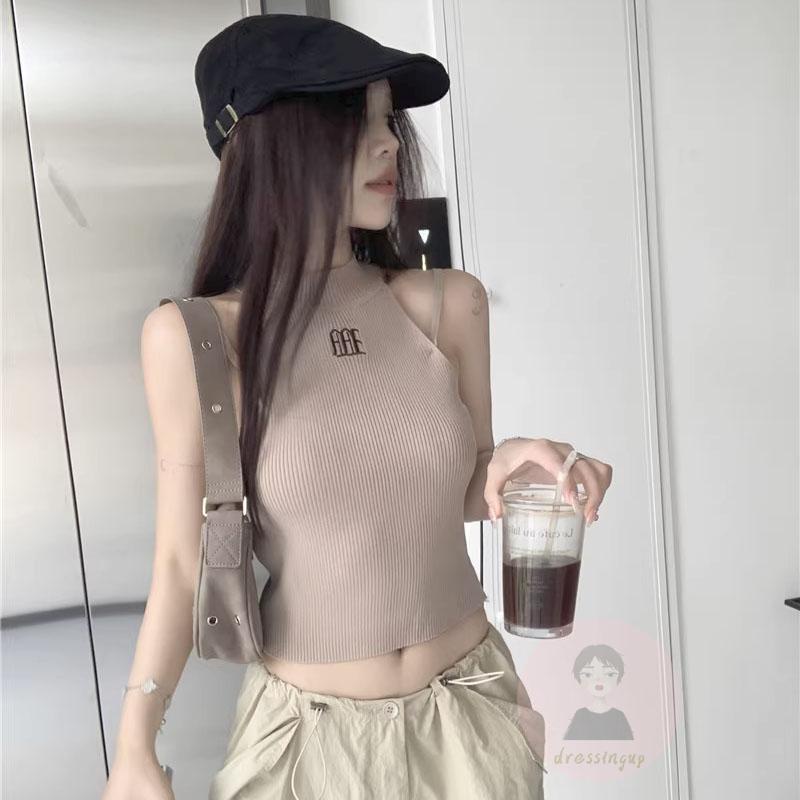 Áo Hai Dây Dệt Kim Ôm Dáng Thêu Chữ Thời Trang Cho Nữ