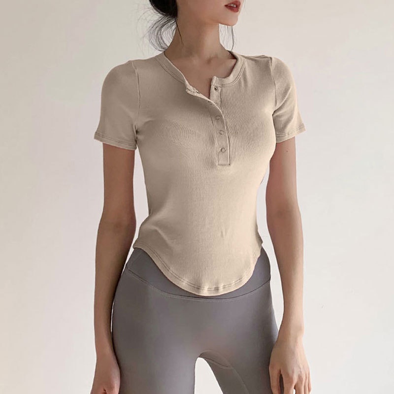 Yoga Sports Top Short Sleeve Button rèn luyện và mặc hàng ngày