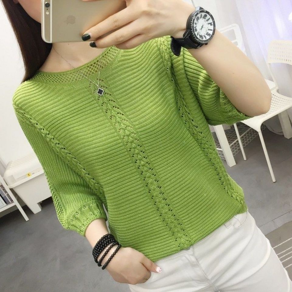 Áo Dệt Kim Mỏng Dáng Rộng Cổ Tròn Tay 7 / 4 Thời Trang Cho Nữ