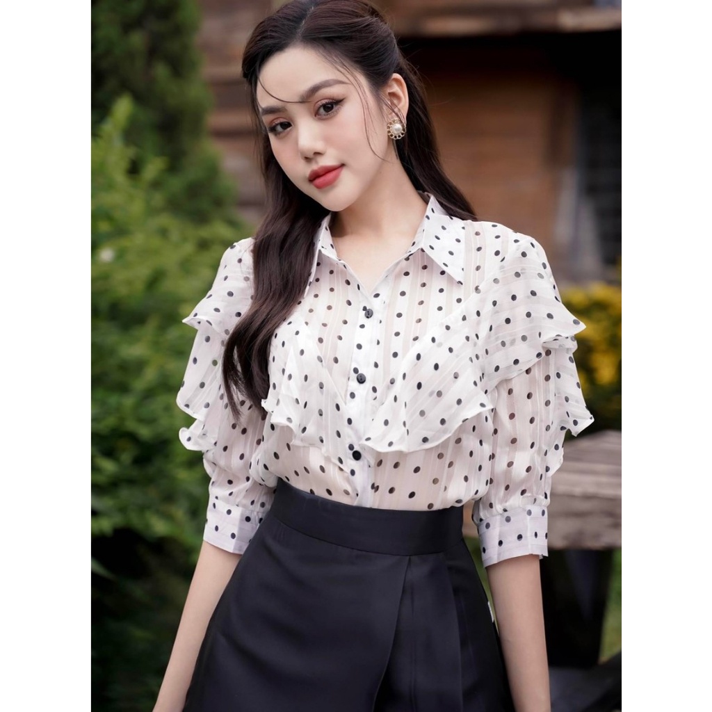 Áo sơ mi công sở tơ sọc chấm bi bèo tay H218