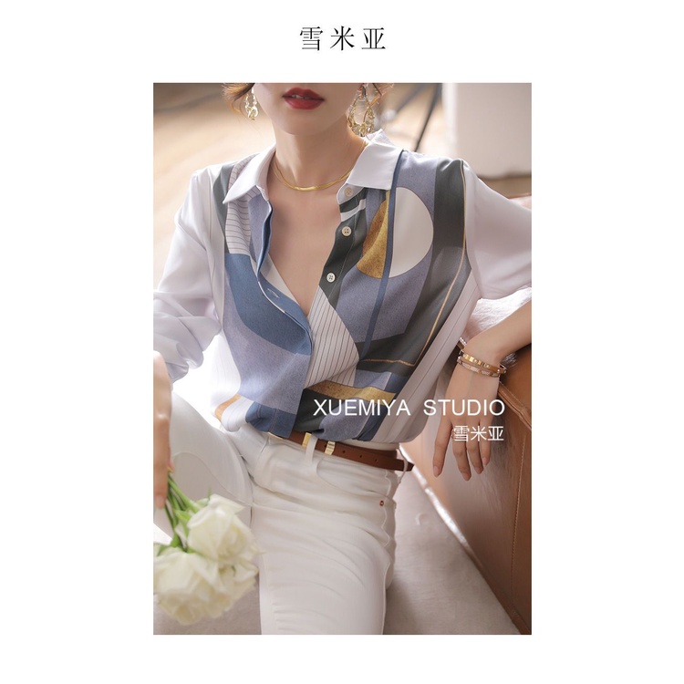 Áo Sơ Mi Satin Cao Cấp Tay Dài Dáng Rộng In Họa Tiết Màu Sắc Tương Phản Thời Trang Mùa Thu 2023 Cho Nữ