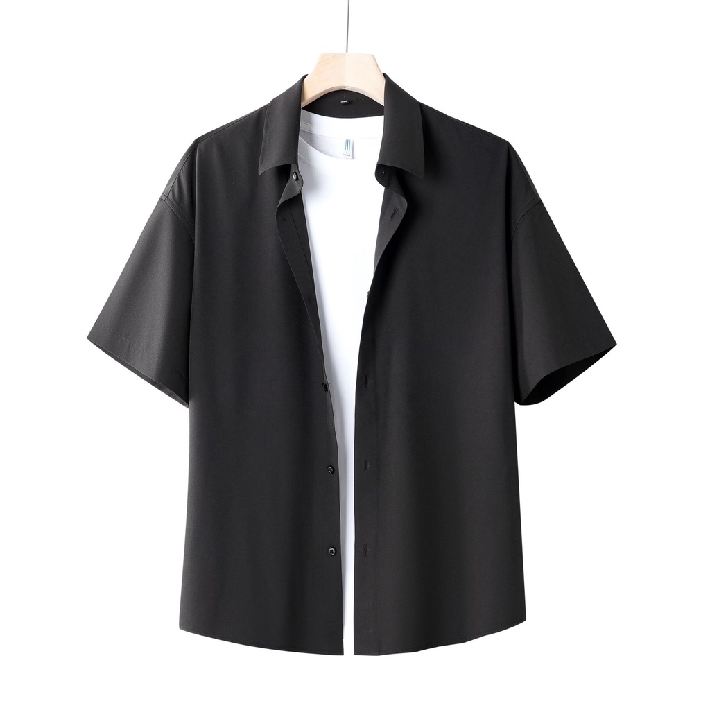 BEFOYI Men's Shirt Short Sleeve Korean Loose Relaxed Summer Ins Polo Coat in Black Plus Size M-3XL SLC76