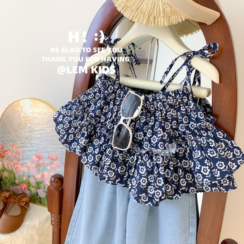 Set Áo Hoa Hai Dây + Quần Jean Ống Rộng Phong Cách Hàn Quốc Thời Trang Mùa Hè Mới 2023 Dành Cho Bé Gái