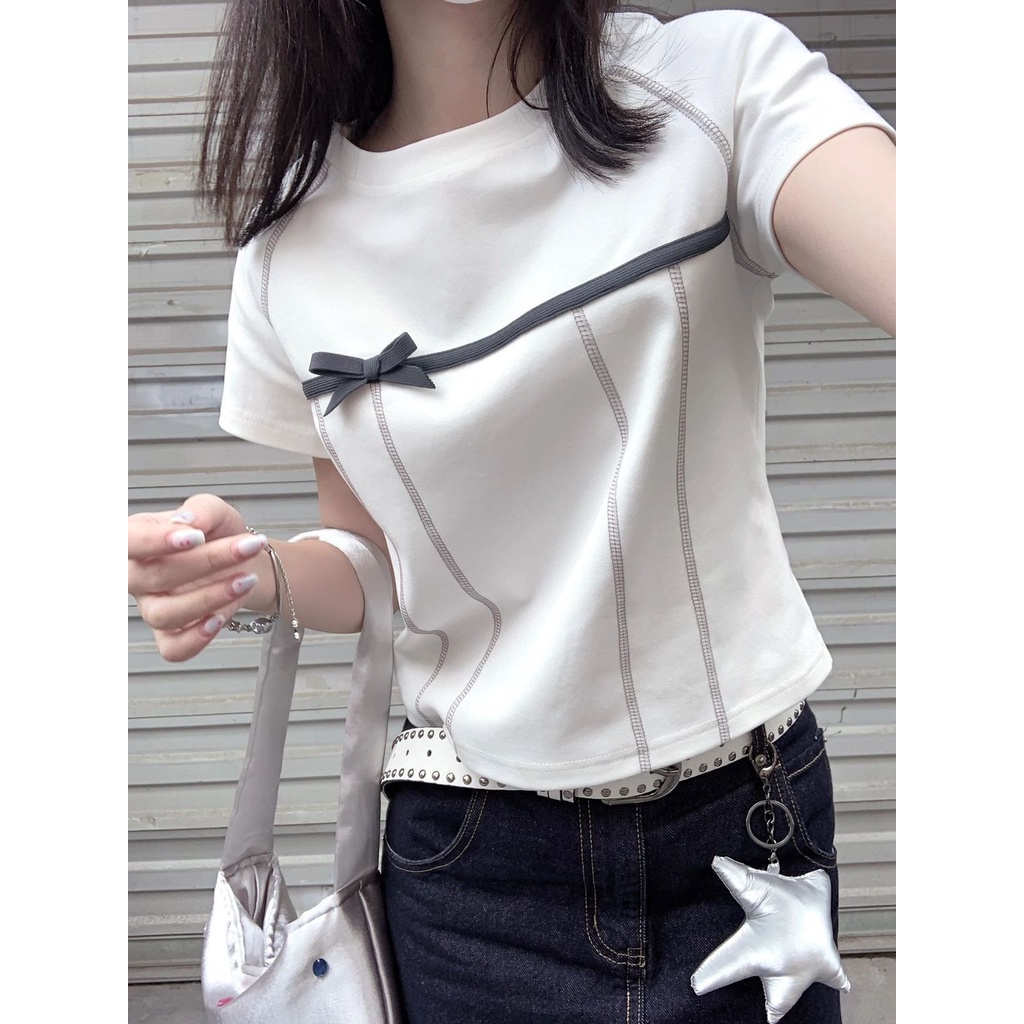 Áo Thun Ba Chiều Tay Ngắn Dáng Rộng Thắt Nơ Dễ Thương Thời Trang Mùa Hè Cho Nữ