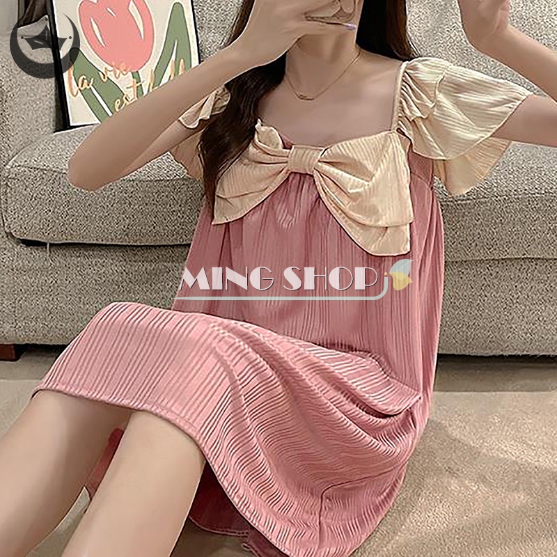 Ming Đầm Cổ Vuông Tay Xòe Ghép Nối Nơ Lớn Màu Trơn Kiểu Hàn Quốc Thanh Lịch Mặc Thường Ngày Mùa Hè Cho Nữ TH