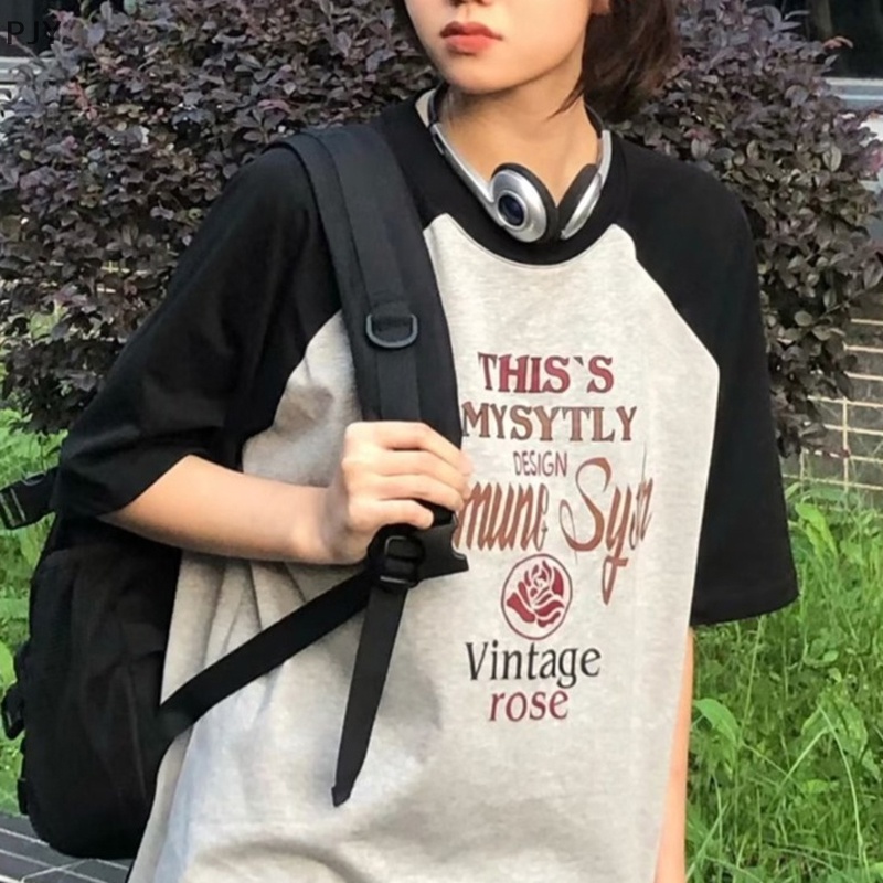 Áo Thun Ngắn Tay Cổ Tròn Dáng Rộng In Chữ Phối Màu Tương Phản Thời Trang Mùa Hè Cho Nữ PJ