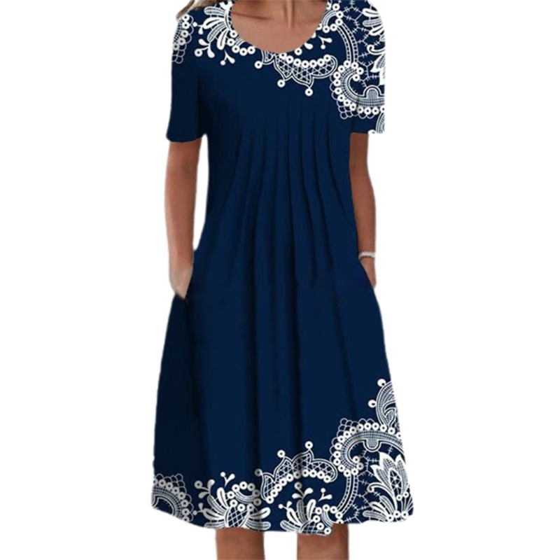 Đầm Midi Tay Ngắn Dáng Chữ A Cổ Tròn In Họa Tiết Hoa Xinh Xắn Thời Trang Mùa Hè Quyến Rũ Cho Nữ