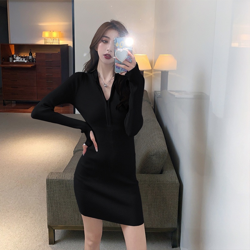 Aphrod Đầm Dệt Kim Tay Dài Dáng Ôm Cổ Cao Có Khóa Kéo Phong Cách Quyến Rũ Nóng Bỏng Cho Nữ