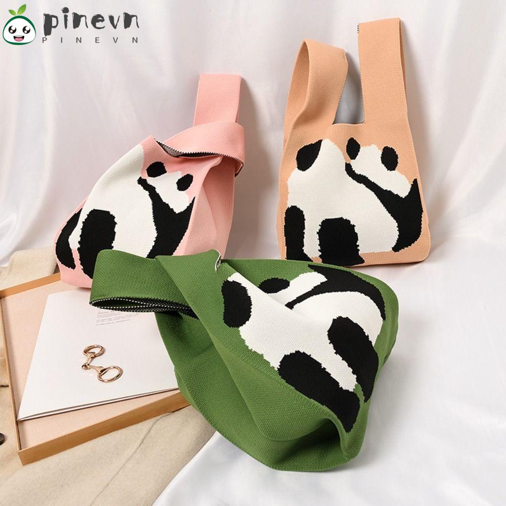 PINEVN Túi Mua Sắm Đeo Vai Kẻ Sọc Hình Gấu Trúc Dễ Thương