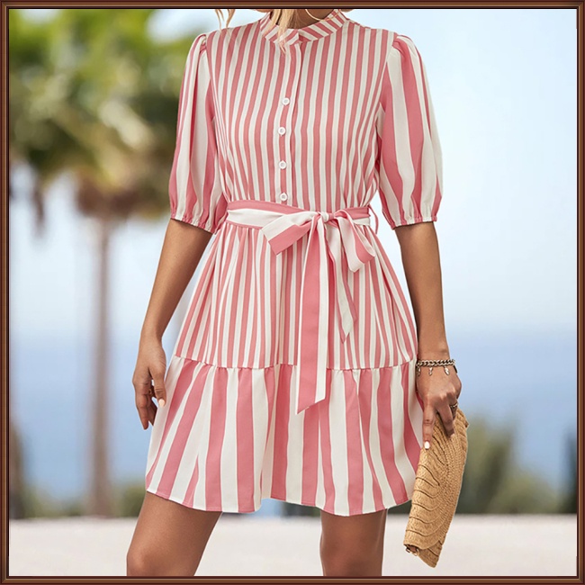 Đầm Midi Dáng Chữ A Tay Lửng Họa Tiết Kẻ Sọc Màu Nhuộm Phối Thắt Lưng Cài Nút Phía Trước Cho Nữ