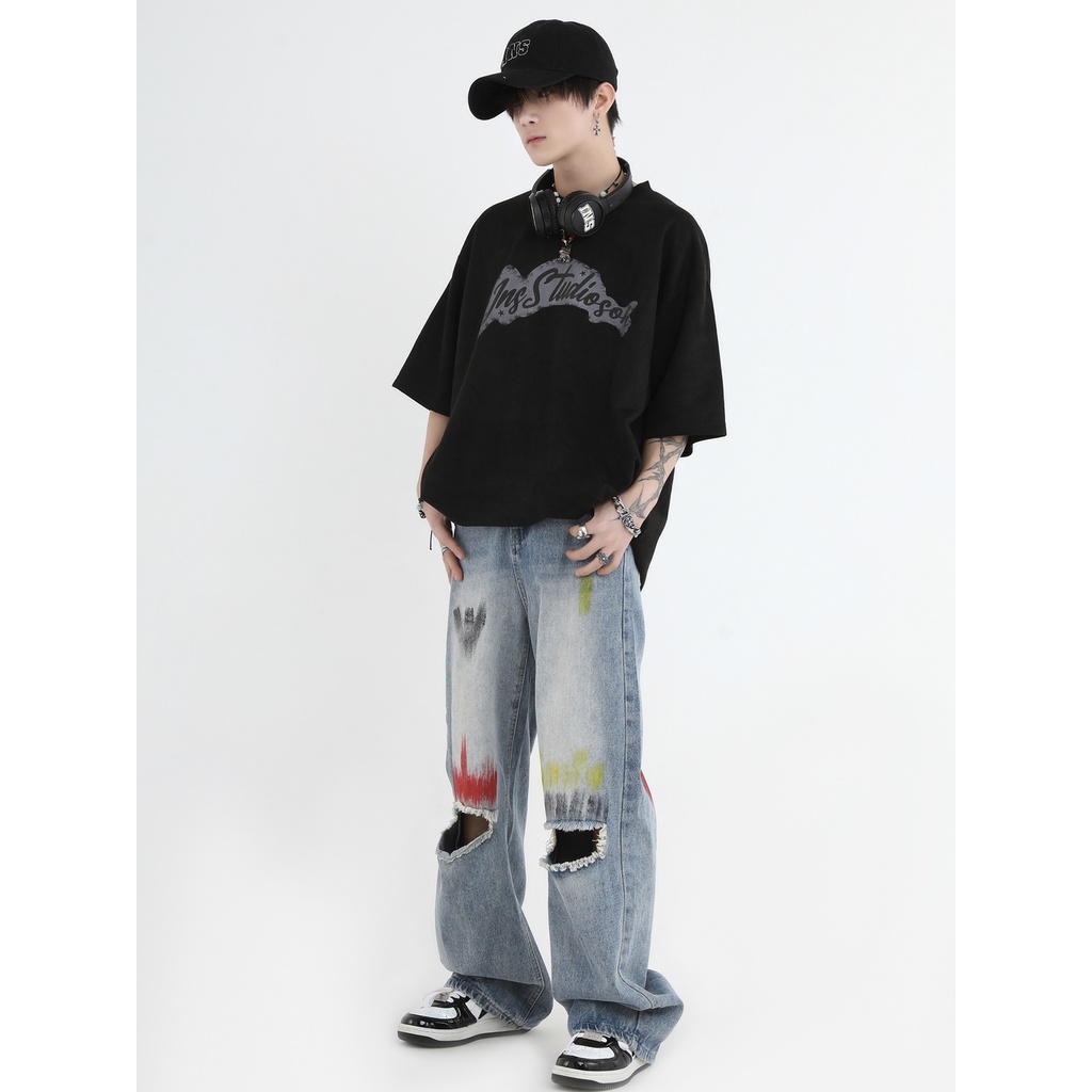 Insstudios Quần Jean Ống Rộng Thẳng Sơn Màu Vẽ Tay Phong Cách Đường Phố Mỹ Cho Cặp Đôi