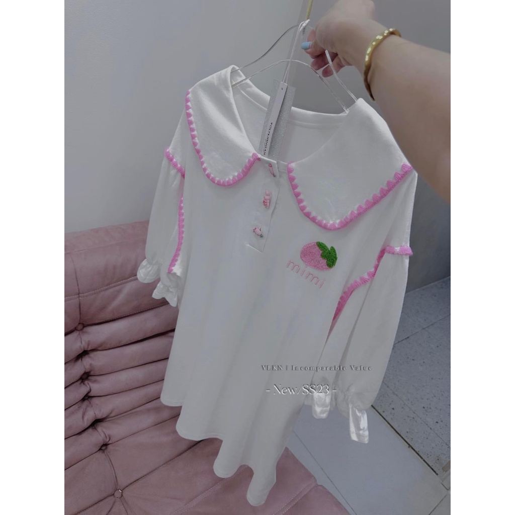 Đầm trái dâu mimi cổ sen viền