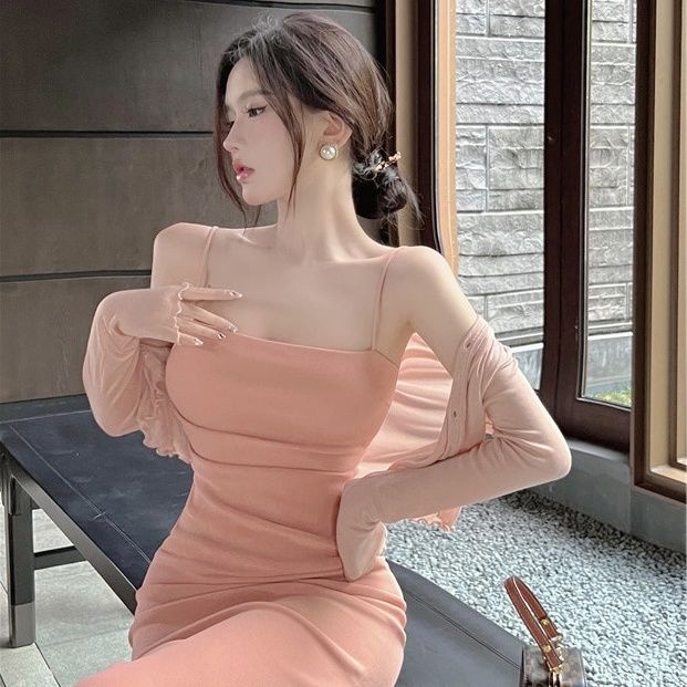 COZOK Bộ Đầm Màu Trơn + Áo Khoác cardigan Tay Dài Thời Trang Quyến Rũ Cho Nữ