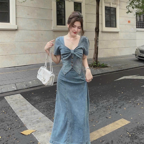 Bigsize Set jeans áo nơ kèm chân váy dáng dài 55-95kg