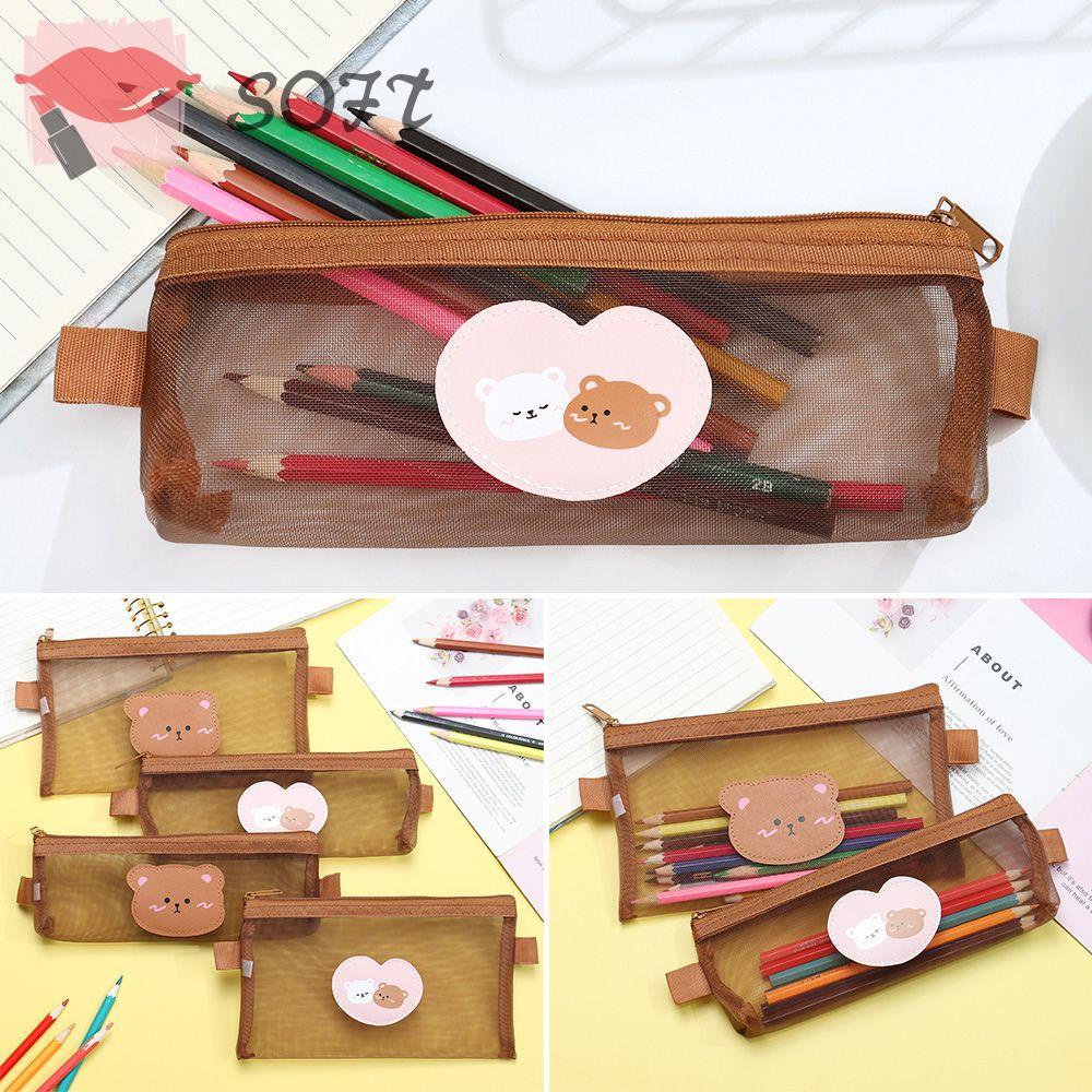 SOFTNESS Túi Lưới Đựng Bút Chì Cỡ Lớn Họa Tiết Gấu Nâu Dễ Thương