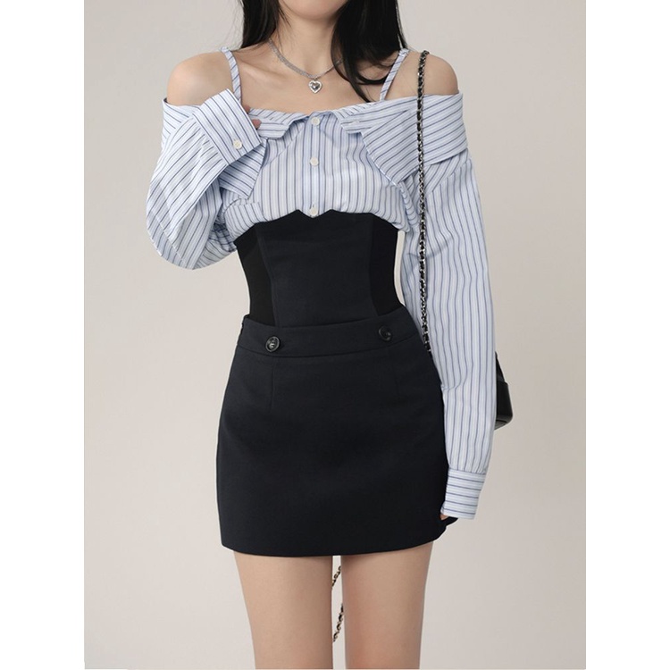 Set Áo Sơ Mi Kẻ Sọc Xanh Dương + Chân Váy Điều Chỉnh Màu Sáng Phong Cách Thường Ngày Mới Cho Nữ