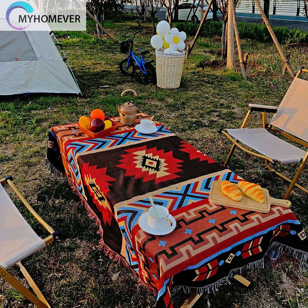 Thảm Cotton Dệt Kim Họa Tiết Thổ Cẩm Phối Tua Rua Có Thể Gấp Gọn Tiện Dụng Mang