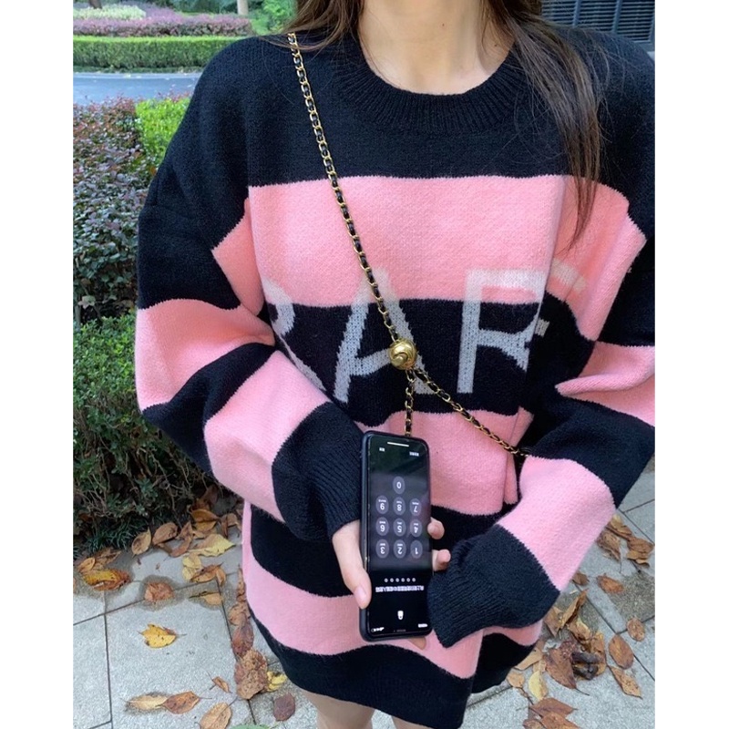 Áo Sweater Dệt Kim Tay Dài Dáng Rộng Cổ Tròn In Chữ Phong Cách Hàn Quốc Thời Trang Cho Nữ