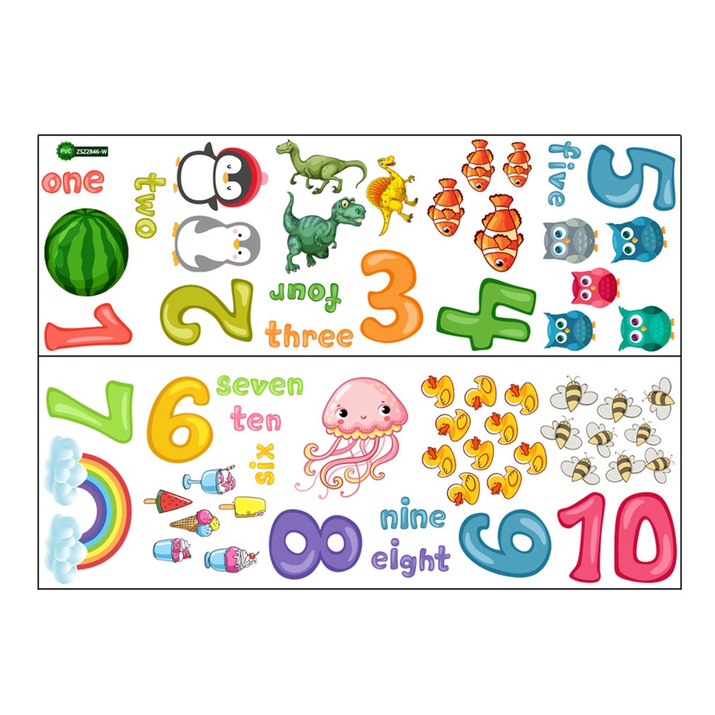 Bộ 2 Miếng Dán Tường Bằng PVC Hình Chữ Số Từ 1-10 Và Động Vật Hoạt Hình Trang Trí Phòng Khách / Nhà Trẻ