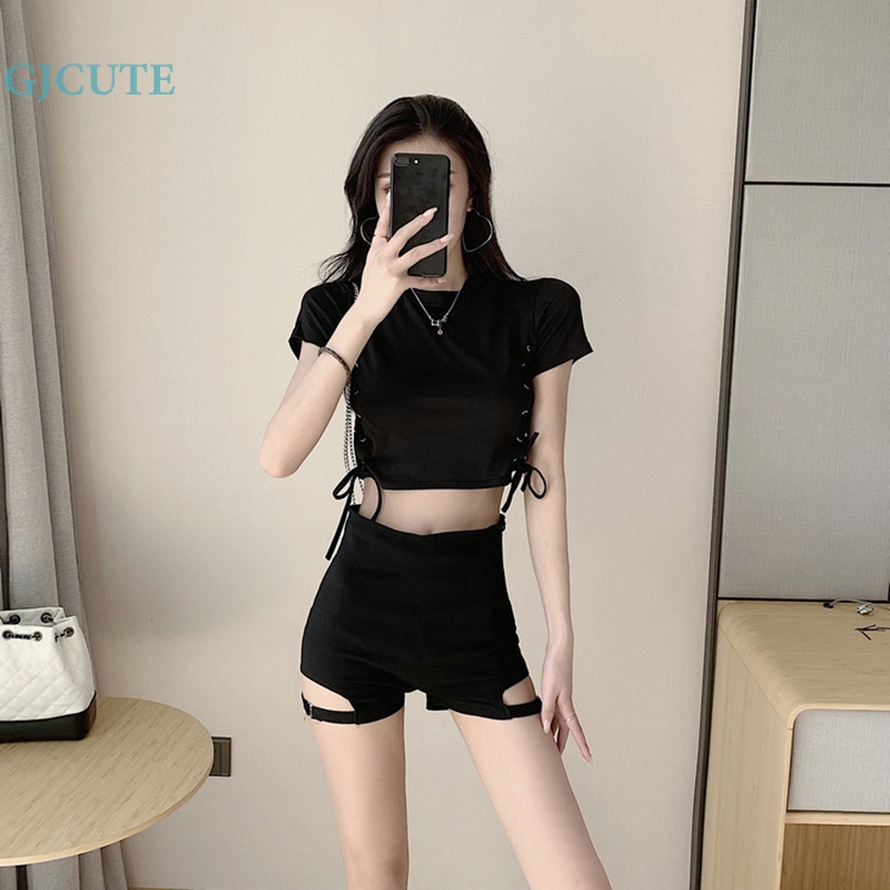 Set Áo Thun Ngắn Tay + Quần Short Lưng Cao Thời Trang Nữ
