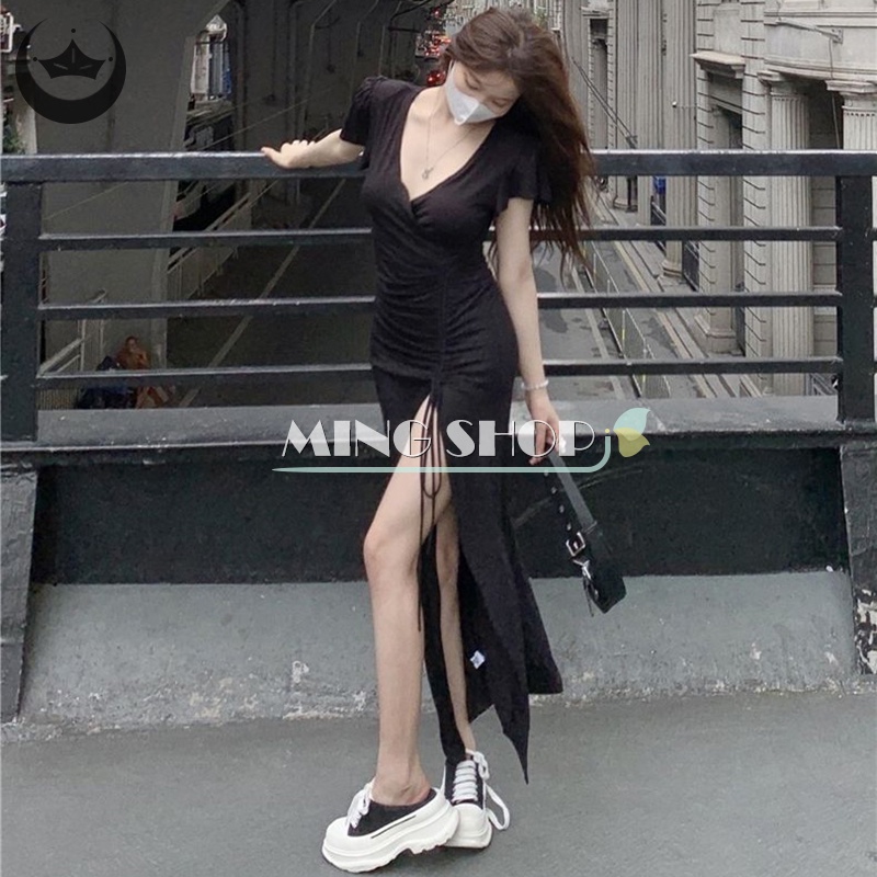 Đầm Dây Rút Cổ V Dáng Dài Xẻ Tà Thời Trang Mùa Hè Quyến Rũ Cho Nữ