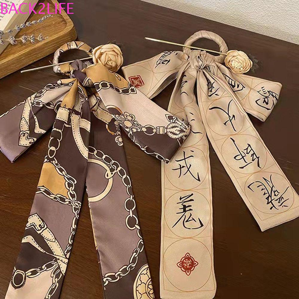 BACK2LIFE Trâm Cài Tóc Thắt Nơ Ruy Băng Lụa In Họa Tiết Phong Cách Trung Hoa Cổ Điển Ngọt Ngào