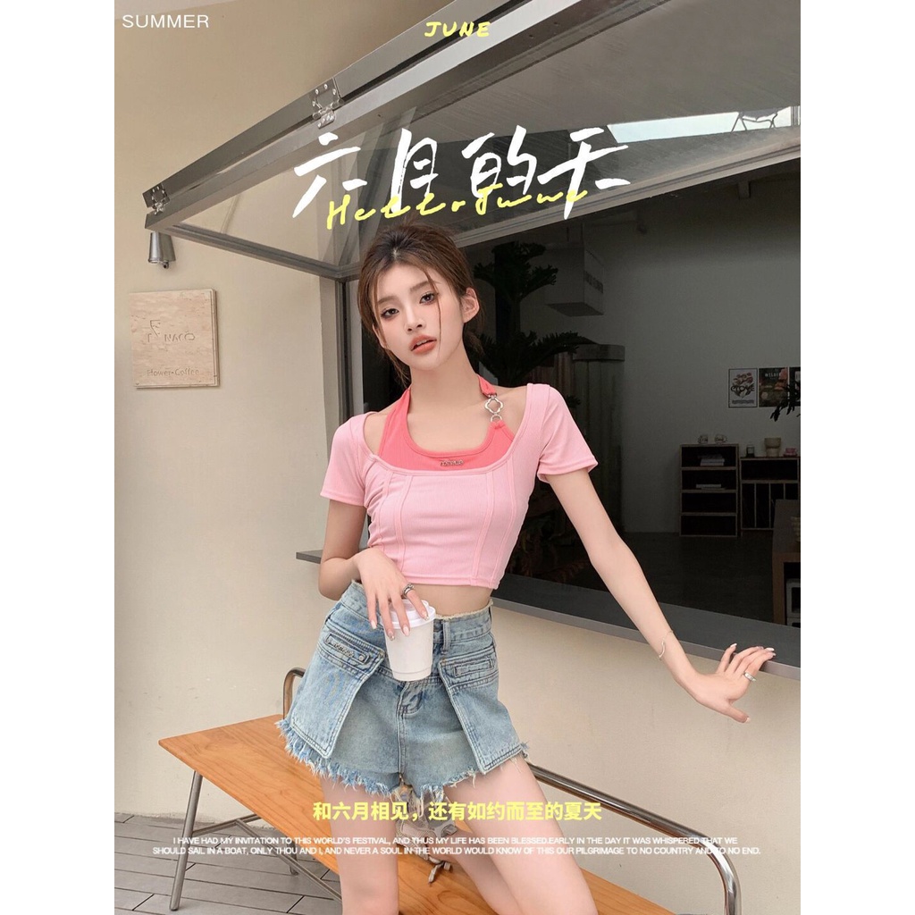 Áo Thun Giả Hai Lớp Dáng Ôm Màu Tương Phản Phong Cách Retro Dành Cho Nữ