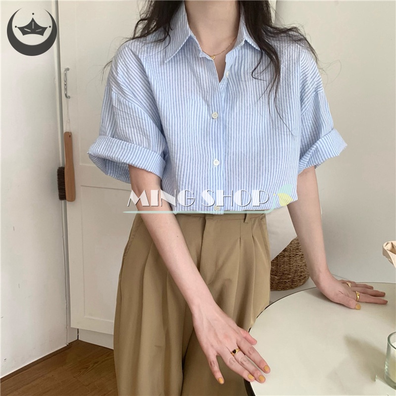 Áo Sơ Mi Ngắn Tay Họa Tiết Sọc Thời Trang Dành Cho Nữ