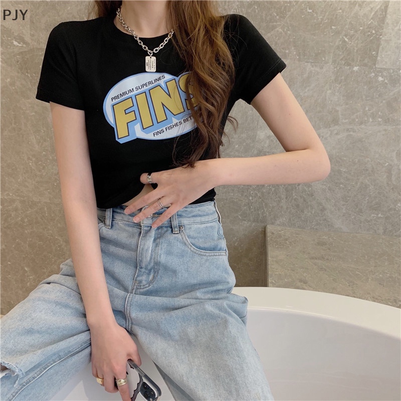 Áo Thun Crop Top Tay Ngắn Cổ Tròn In Chữ Phong Cách Retro Mỹ Thời Trang Mùa Hè Dành Cho Nữ PJ
