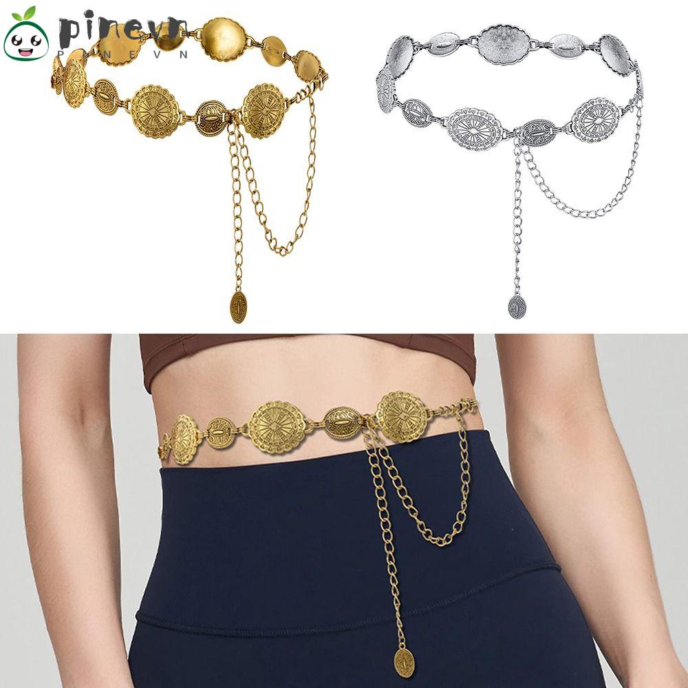 PINEVN Thắt Lưng Dây Xích Bằng Kim Loại Màu Vàng / Bạc Phong Cách Boho Phương Tây Điều Chỉnh Được Thời Trang Cho Nữ