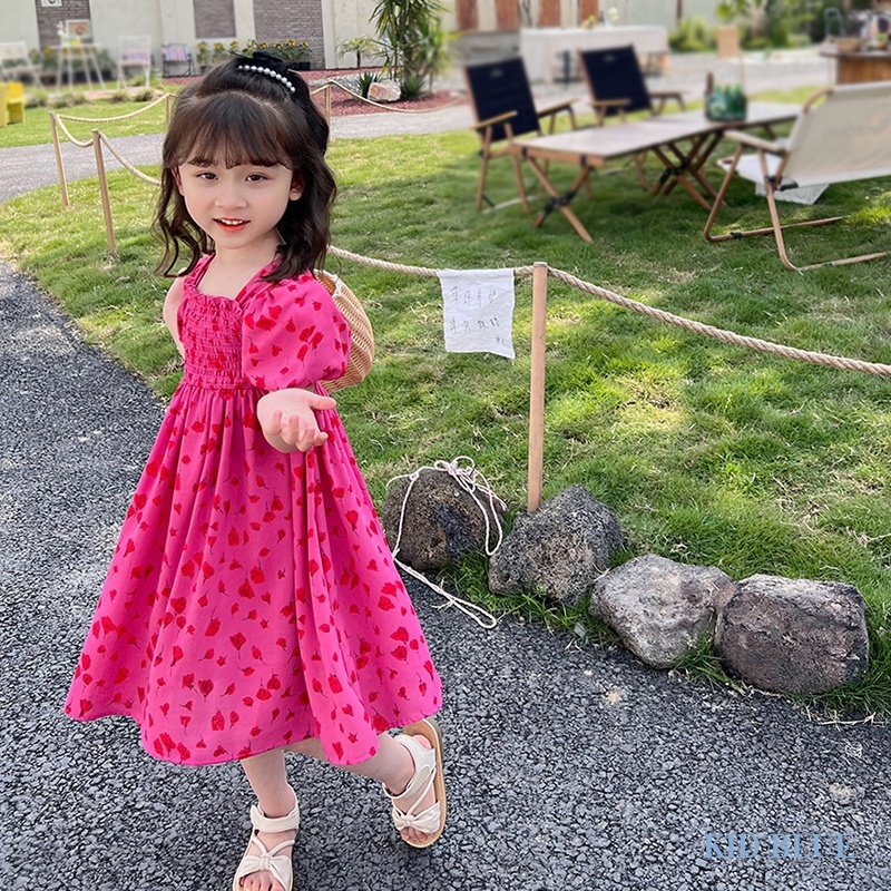 Đầm Tay Phồng Cổ Vuông Xếp Ly In Họa Tiết Thời Trang Mùa Hè Hàn Quốc Cho Nữ