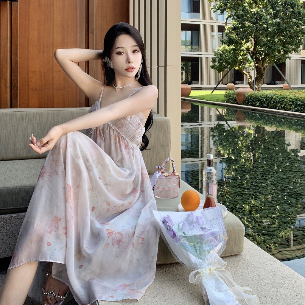 Đầm Hai Dây Dáng Dài Họa Tiết Hoa Thời Trang Mùa Hè Pháp Cho Nữ