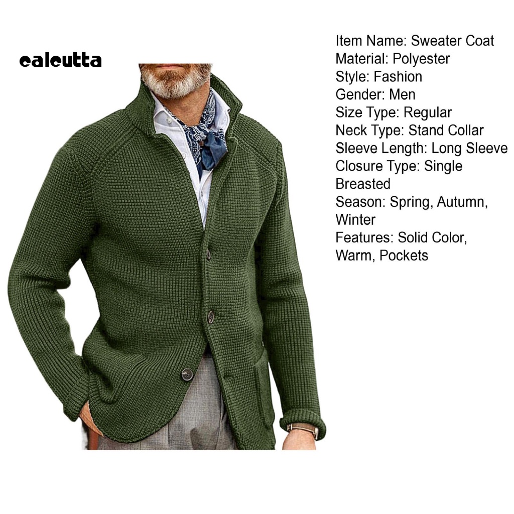 [calcutta] Áo Khoác Sweater Dệt Kim Dày Dặn Tay Dài Cổ Đứng Cài Nút Màu Trơn Thời Trang Thu Đông Cho Nam