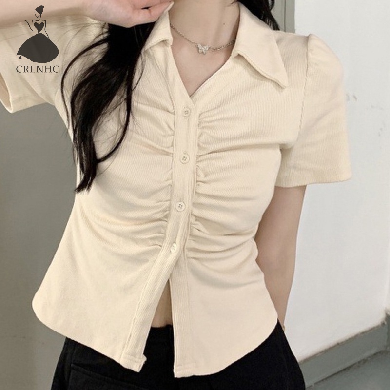 Áo Sơ Mi Tay Ngắn Dáng Ôm Màu Trơn Thời Trang Cho Nữ