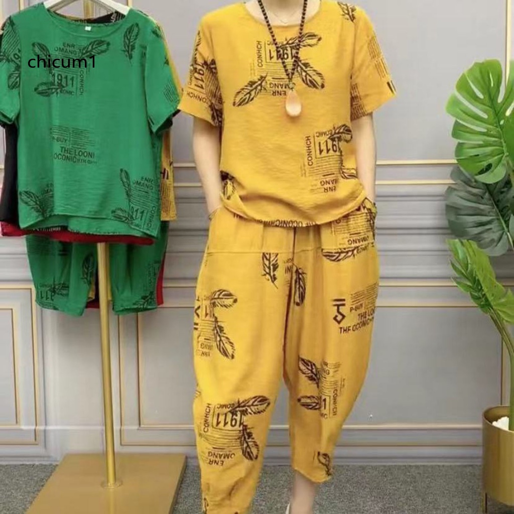 Bộ Đồ Ngủ 2 Món Áo Tay Ngắn Cổ Tròn Phối Quần Short Lưng Thun Mềm Mại Thoáng Khí In Họa Tiết Lông Vũ Thời Trang Mùa Hè Cho Nữ