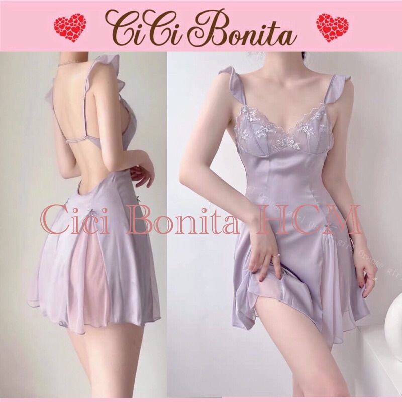 Váy ngủ lụa cánh tiên phối ren hàng cao cấp Quảng Châu CV30 CICI BONITA HCM