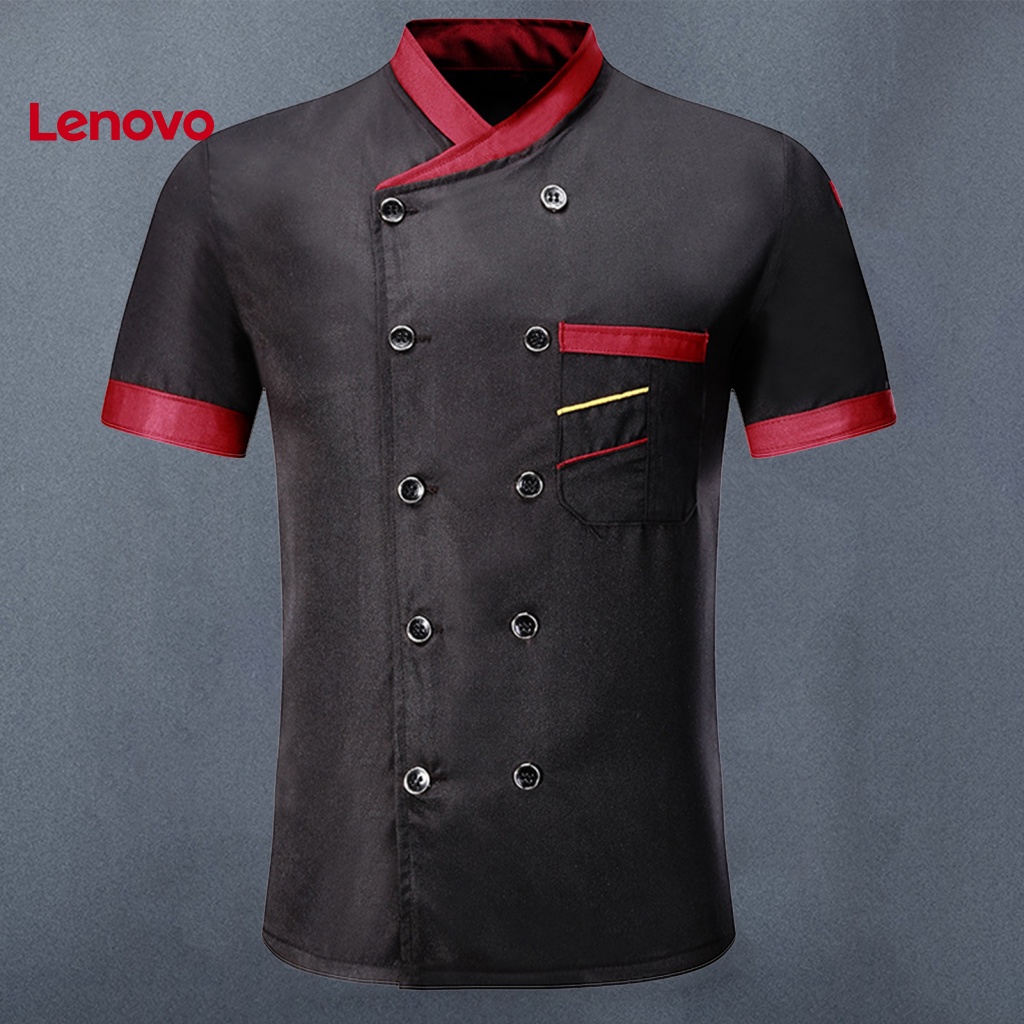 Áo Đầu Bếp Ngắn Tay Cổ Đứng Cài Hai Hàng Nút Họa Tiết Hoa Hướng Dương Phối Túi Cho Nam Nữ